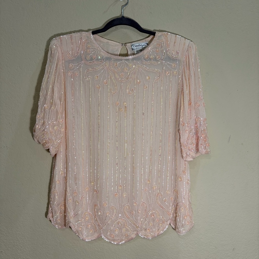 Vtg Fairycore Top L Blush Beaded Sequin Floral  Silk Blouse Candlelight Boho